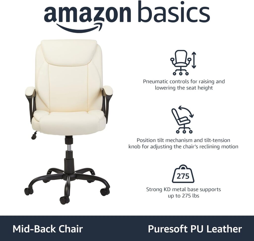 Amazon Basics Classic Puresoft PU Padded Mid-Back Office Computer Desk Chair with Armrest, 26D x 23.75W x 42H, Black