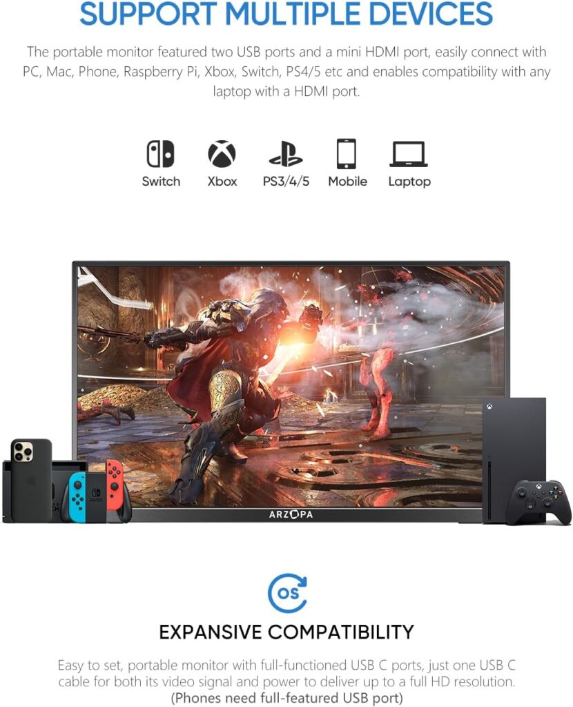 ARZOPA Portable Monitor 15.6 FHD 1080P Portable Laptop Monitor IPS Computer External Screen USB C HDMI Display for PC MAC Phone Xbox PS5- A1 GAMUT