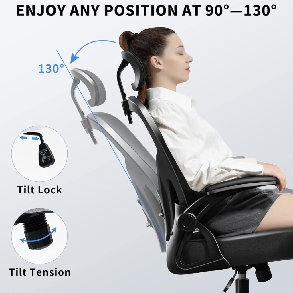 Darkecho Office Chair,Ergonomic Desk Chair with Adjustable Headrest and Lumbar Support,High Back Mesh Computer Chair with Padded Flip-up Armrests,Swivel Task Chair,Tilt Function,Black
