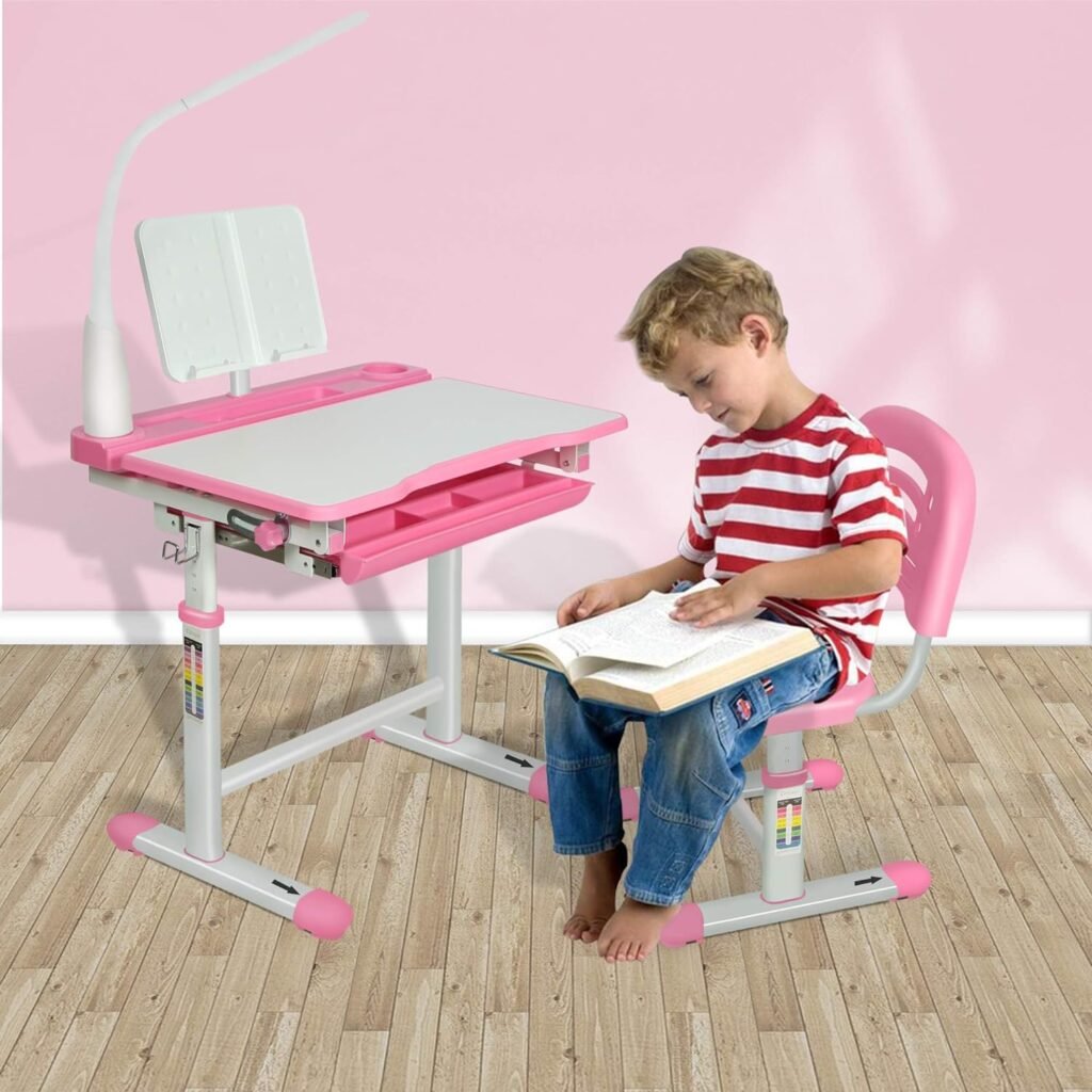 Diroan Kids Multifunctional Desk and Chair Set, Height Adjustable Children School Study Desk with Tilt Desktop, Metal Hook and Storage Drawer for Boys Girls, Pink : Home  Kitchen