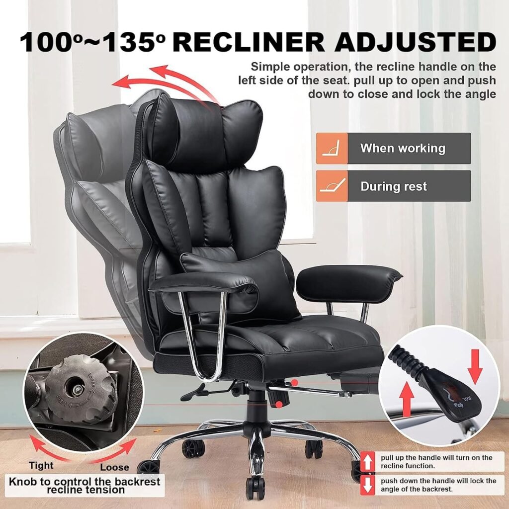Efomao Desk Office Chair,Big High Back Chair,PU Leather Office Chair, Computer Chair,Executive Office Chair, Swivel Chair with Leg Rest and Lumbar Support,Black Office Chair