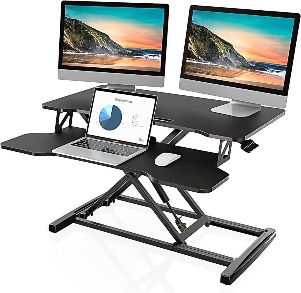 FITUEYES Height Adjustable Standing Desk 32” Wide Sit to Stand Converter Stand Up Desk Tabletop Workstation for Laptops Dual Monitor Riser Black SD308001WB