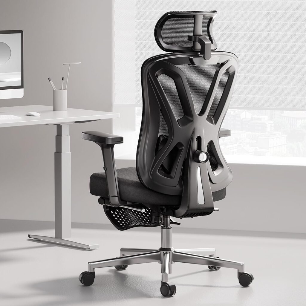 Hbada Ergonomic Office Chair, Desk Chair with Adjustable Lumbar Support and Height, Comfortable Mesh Computer Chair with Footrest 2D Armrests, Swivel Tilt Function Black