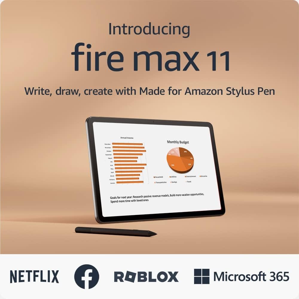 Introducing Amazon Fire Max 11 tablet, our most powerful tablet yet, vivid 11 display, octa-core processor, 4 GB RAM, 14-hour battery life, 128 GB, Gray, without lockscreen ads