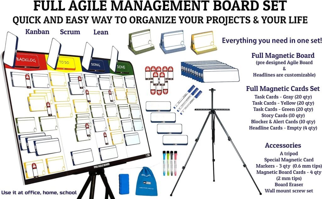 Kanban Board Magnetic Kit, Scrum Board Magnetic Kit, Full Magnetic Project Management Board by pmxboard. 84 Piece Kanban Magnets, Kanban Cards, Scrum Cards Agile Kit. Project Planning Task WhiteBoard