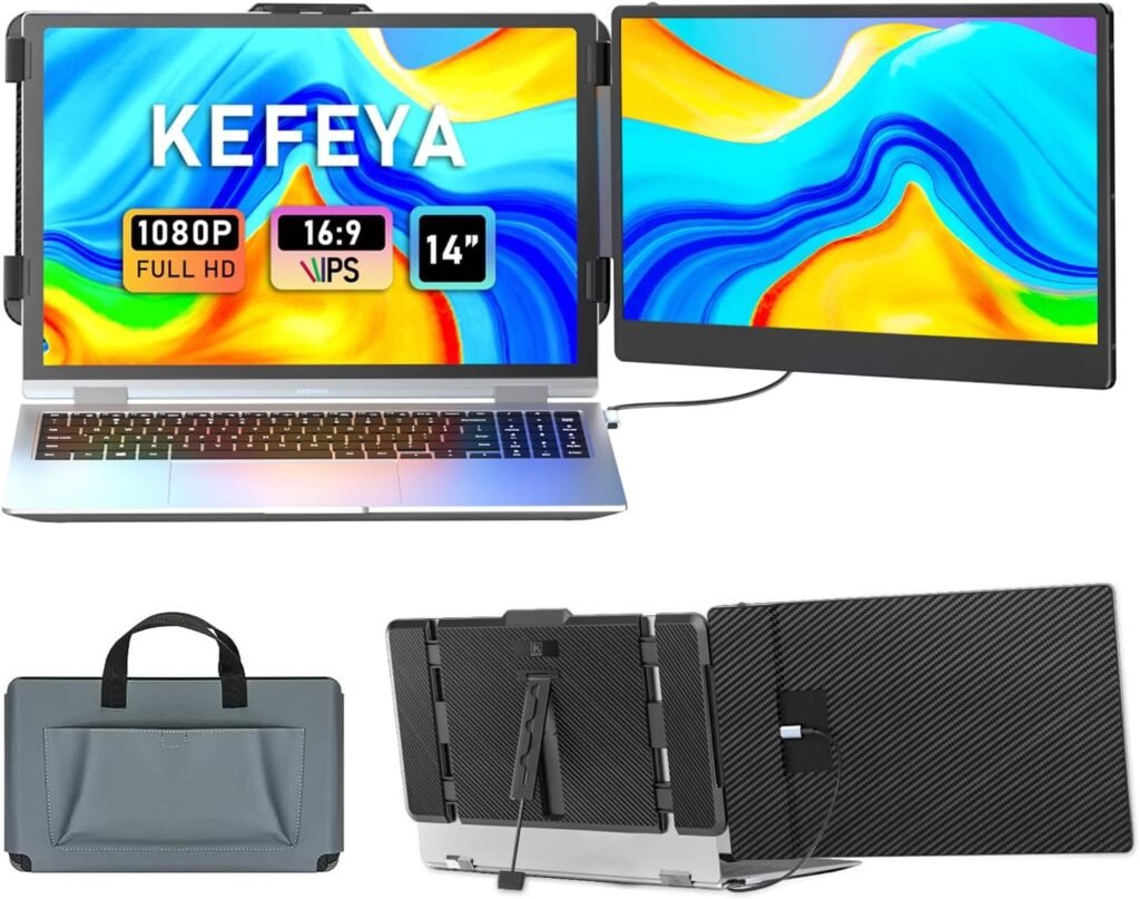 KEFEYA Laptop Screen Extender, 14 Laptop Monitor Extender Second Screen 1080P FHD IPS, Portable Monitor Extension for Laptop 13-17.3 with USB-C/HDMI, Plug n Play for Windows/Chrome/Mac/Switch