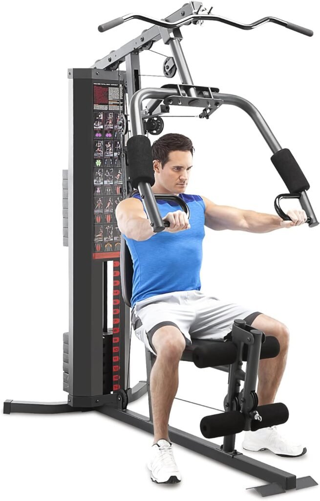 Marcy Dual Functioning Body Fitness Workout 150 Pound Stack Home Gym System with Adjustable Preacher Curler Pad and Overhead Lat Station, White/Black