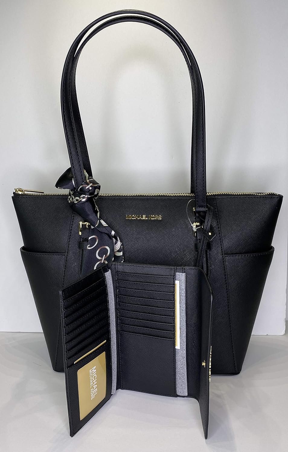 MICHAEL Michael Kors Charlotte Large Zip Tote bundled with matching Trifold Wallet and Skinny Scarf (Black)