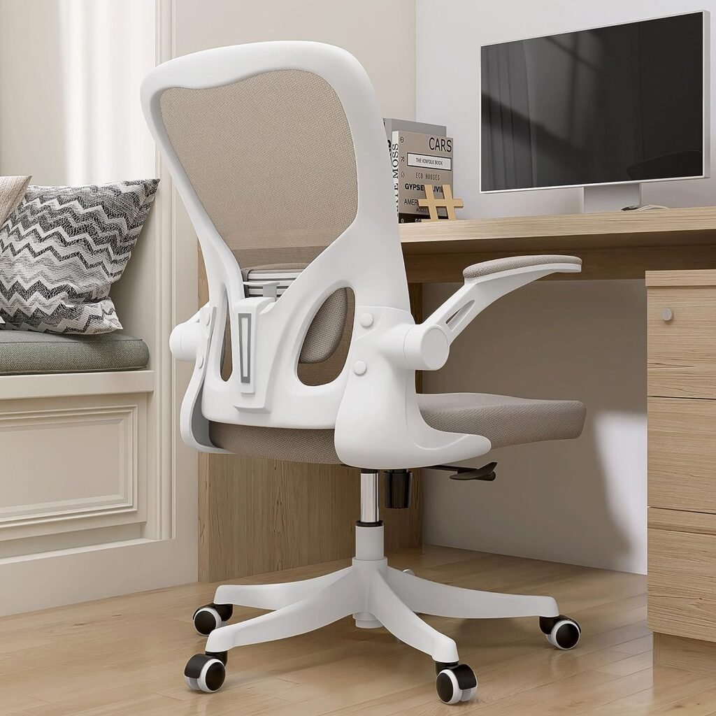 Monhey Desk Computer Chairs - Ergonomic with Lumbar Support  Flip-up Arms Home Office Height Adjustable High Back Rockable Swivel 360° Warm Taupe Mesh Study Chair