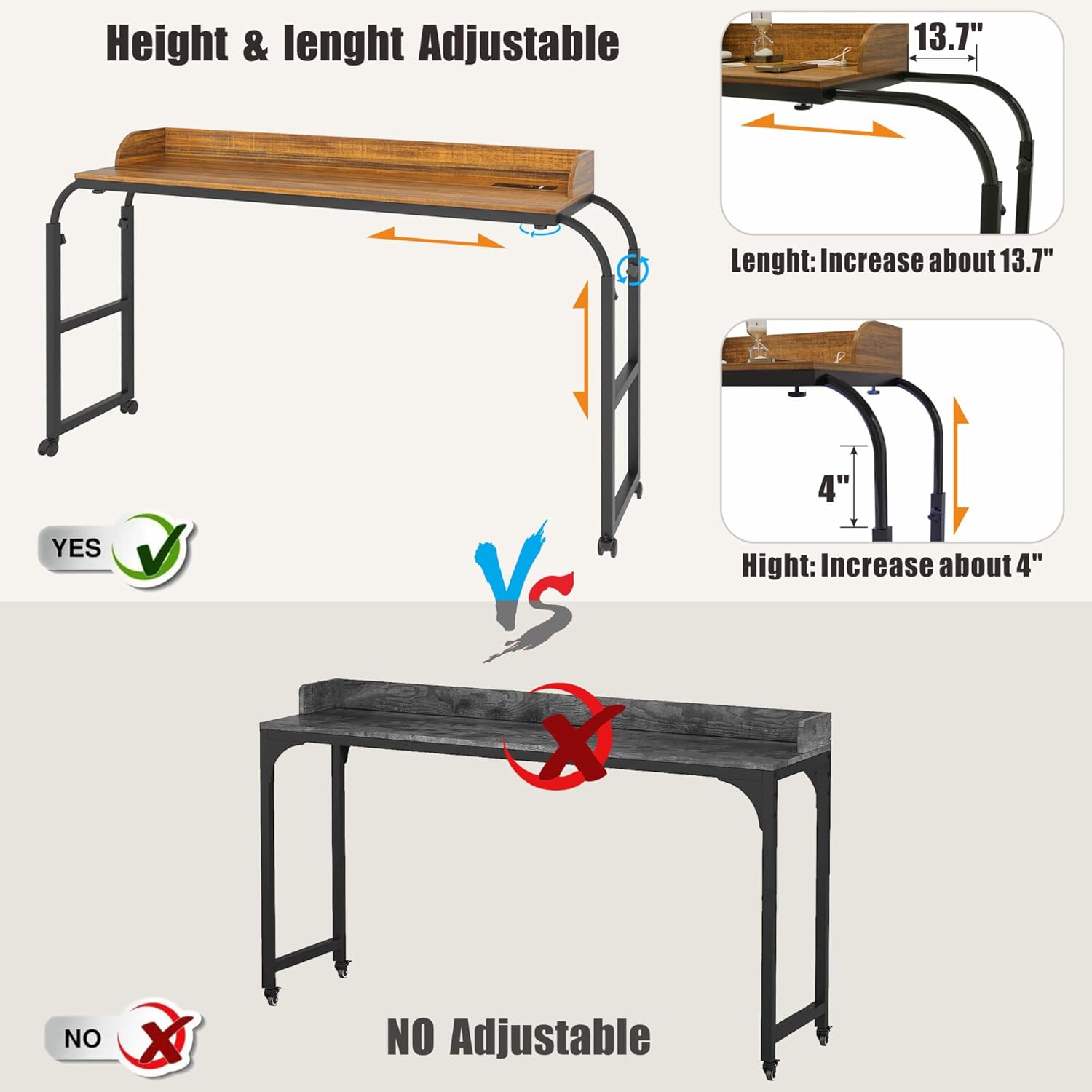 Overbed Desk with Charging Station-Over Bed Table-Adjustable Length/Height with Wheels - Human Sensor LED Light Mobile Queen Size Bed Table Rolling Tray Table for Eating  Laptops, Brown : Health  Household