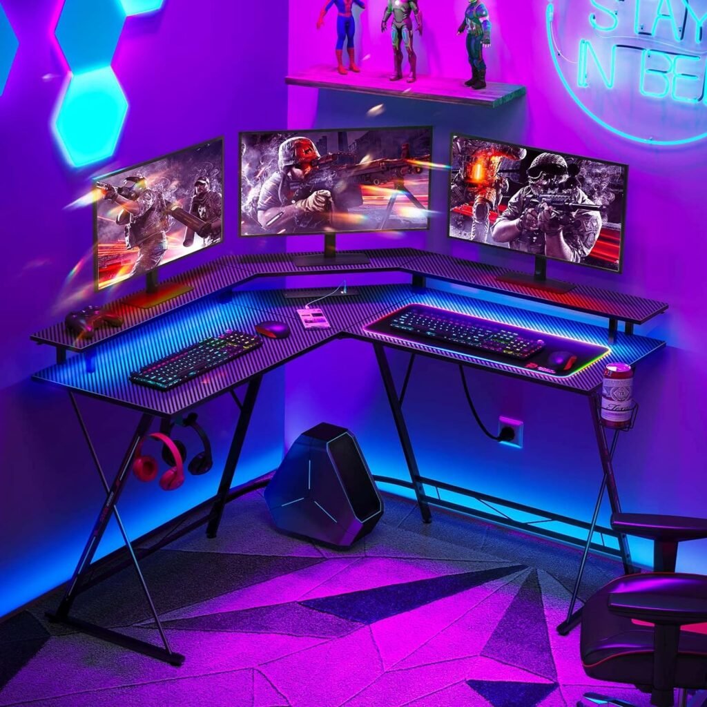 SEVEN WARRIOR L Shaped Gaming Desk with LED Lights  Power Outlets, 50.4” Computer Desk with Monitor Stand  Carbon Fiber Surface, Corner Desk with Cup Holder, Gaming Table with Hooks, Black : Home  Kitchen