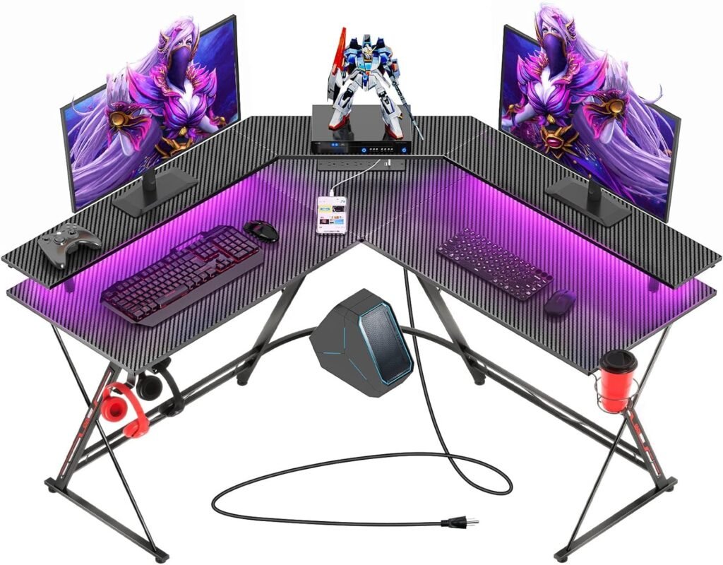 SEVEN WARRIOR L Shaped Gaming Desk with LED Lights  Power Outlets, 50.4” Computer Desk with Monitor Stand  Carbon Fiber Surface, Corner Desk with Cup Holder, Gaming Table with Hooks, Black : Home  Kitchen