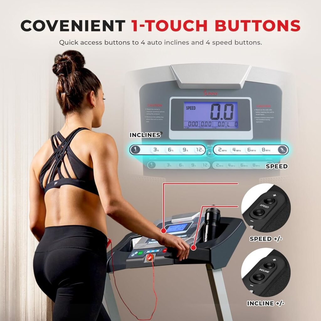Sunny Health  Fitness Performance Treadmill Features Auto Incline, Dedicated Speed Buttons, Double Deck Technology, Digital Performance Display with BMI Calculator and Pulse Sensors - SF-T7515