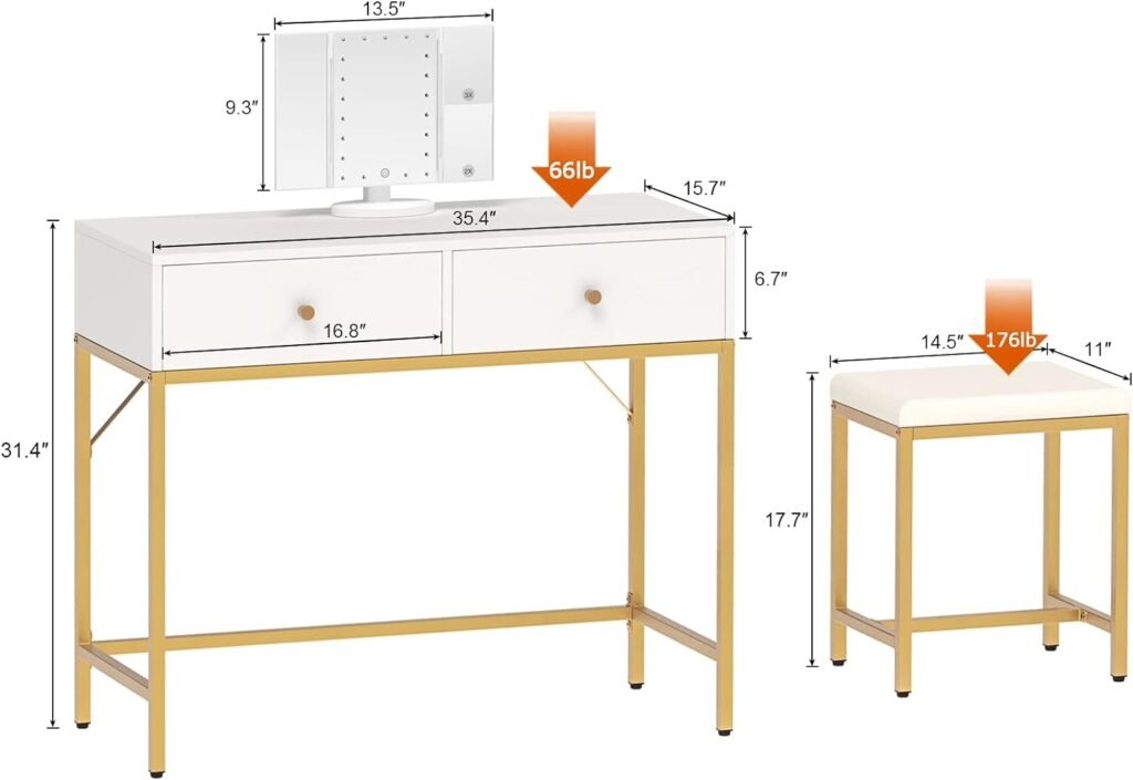 SUPERJARE Computer Desk with Stool, Makeup Vanity with 2 Large Drawers, White Desk with Tri-fold Lighted Mirror, Home Office Desk, Writing Desk Study Desk- White and Gold : Home  Kitchen