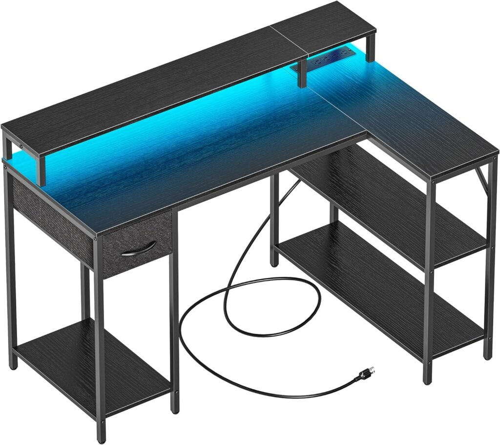 SUPERJARE L Shaped Gaming Desk with LED Lights  Power Outlets, Reversible Computer Desk with Shelves  Drawer, Corner Desk Home Office Desk, Black