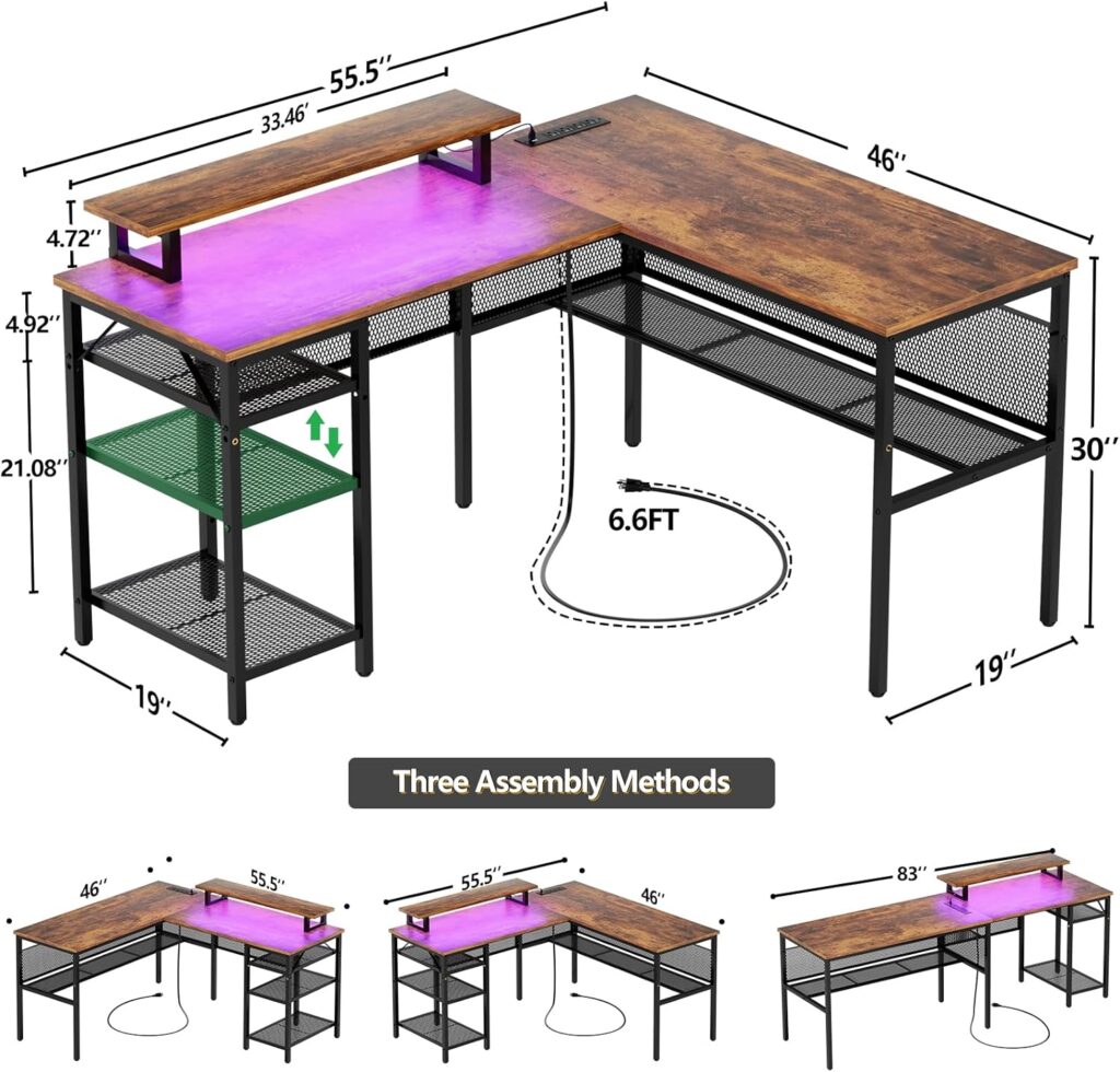 Unikito L Shaped Desk with Magic Power Outlets and Smart LED Light, Reversible 55 Inch Corner Computer Desk with Monitor Stand, Unique Grid Design, Large Office Table with Storage Shelf, Rustic Brown : Home  Kitchen