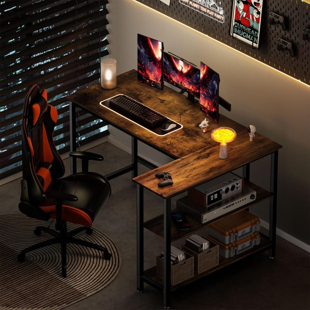 WOODYNLUX L Shaped Desk - 43 Inch Gaming Desk, Computer Corner Desk, Home Office Writing Desk with Shelf, Space-Saving Workstation Table, Modern Simple Wooden Desk, Rustic Brown : Home  Kitchen