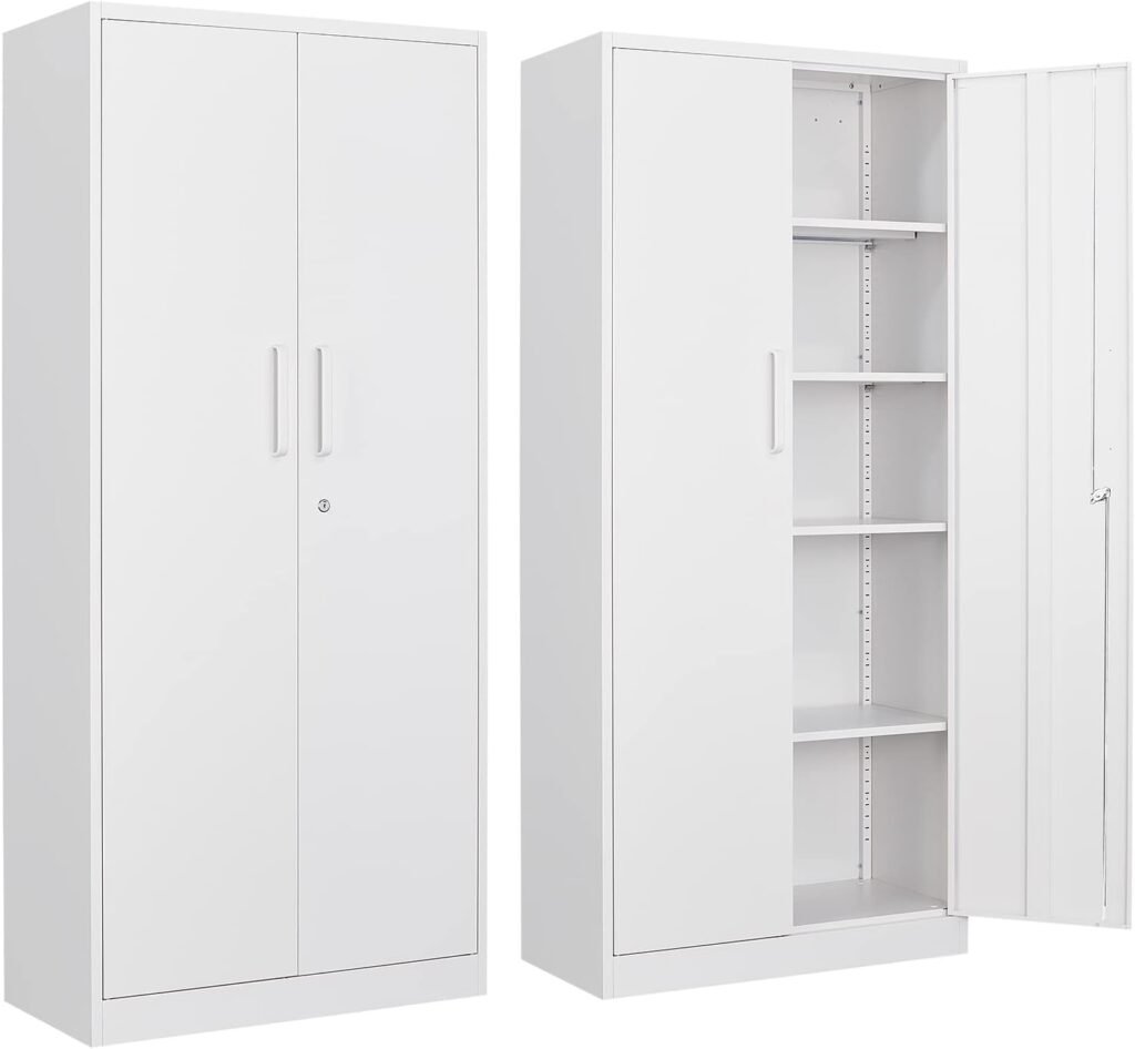 Yizosh Metal Garage Storage Cabinet with 2 Doors and 4 Adjustable Shelves - 71 Steel Lockable File Cabinet,Locking Tool Cabinets for Office,Home,Garage,Gym,School (White)