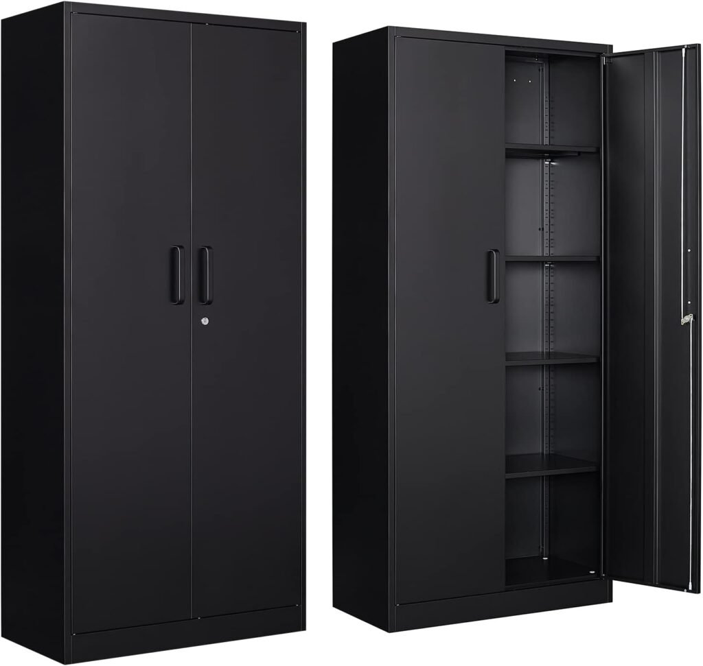 Yizosh Metal Garage Storage Cabinet with 2 Doors and 4 Adjustable Shelves - 71 Steel Lockable File Cabinet,Locking Tool Cabinets for Office,Home,Garage,Gym,School (Black)